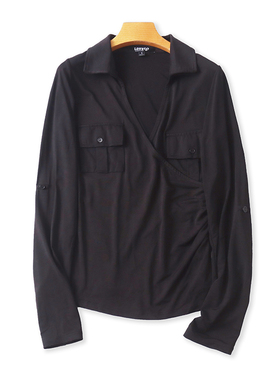 翻领长袖T恤衫 春秋新款修身女打底衫纯色时尚衬衫 外贸上衣05134