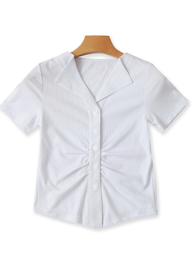 短袖翻领针织衫 夏季新款纽扣开衫短款时尚T恤衫 女外贸上衣05284