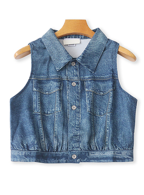 外贸翻领牛仔水洗马甲 夏季纽扣开衫宽松短款无袖外套女上衣12132