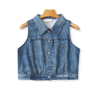 外贸翻领牛仔水洗马甲时尚短款