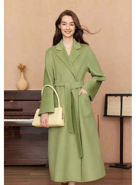 欧美翻领呢子大衣 春秋新款百搭长款女显瘦系带时尚外套上衣12472