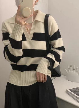 外贸复古拼色条纹毛衣 秋冬新款宽松休闲女长袖翻领针织外套17302