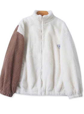 立领拼色卡通羊羔毛外套 秋冬新款保暖宽松休闲女外贸厚上衣10424