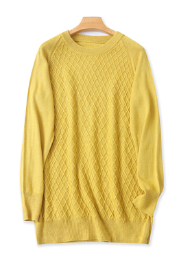 圆领菱格长袖毛衣 春秋新款外贸纯色显瘦宽松时尚针织衫上衣21111