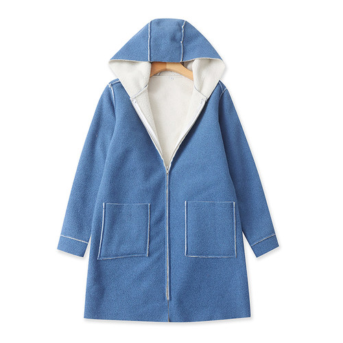 羊羔绒连帽大衣中长款拉链开衫