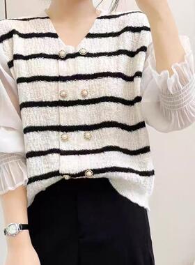 圆领针织条纹拼接小衫 春秋新款甜美时尚弹力纽扣开衫女上衣21041