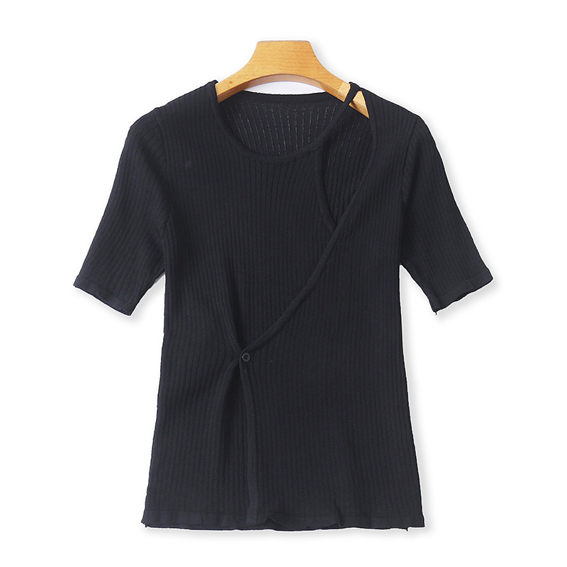 外贸圆领露肩冰丝针织衫上衣短袖