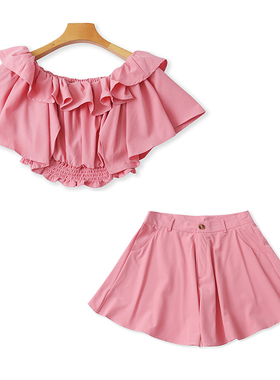 性感时尚两件套装 高腰一字肩荷叶边短款小衫+阔腿口袋短裤 07083