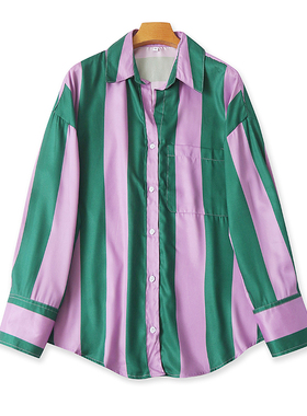 欧美翻领竖条纹衬衫 春秋新款时尚长袖衬衣 女宽松气质上衣 06024