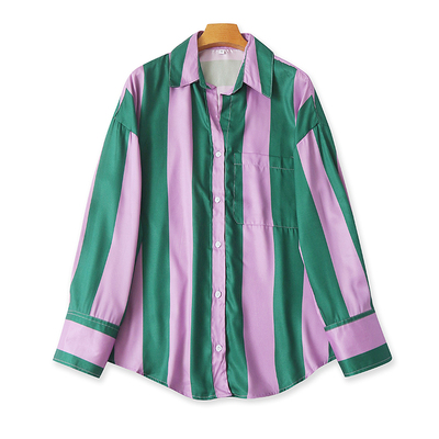 欧美翻领竖条纹衬衫春秋季新款