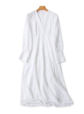 欧美风长袖连衣裙 夏季新款收腰时尚V领植绒女长款套头裙子 04244