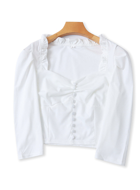 方领木耳边T恤衫 夏季新款短款显瘦衬衫 女套头中袖甜美上衣17332