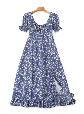 短袖方领碎花连衣裙 夏季新款时尚女套头中长款A字显瘦裙子 07592