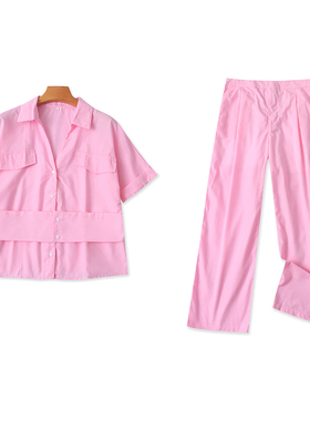 翻领系带显瘦女短袖衬衫+直筒裤 夏季新款休闲时尚两件套装 21522