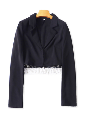 欧美洋气流苏翻领短款西装 夏季新款露脐时尚女修身上衣外套15224