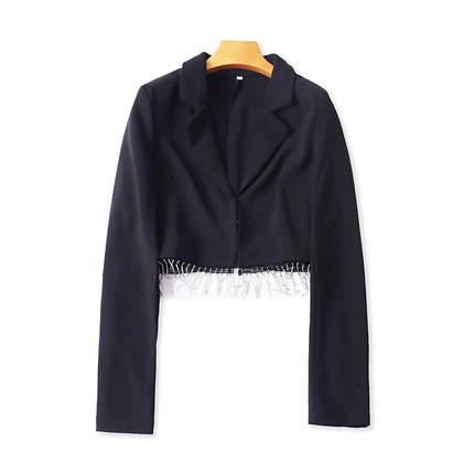 欧美洋气流苏翻领短款西装 夏季新款露脐时尚女修身上衣外套15224