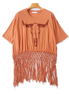 圆领流苏短袖T恤衫 夏季新款打底印花镂空女士套头外贸上衣 09472