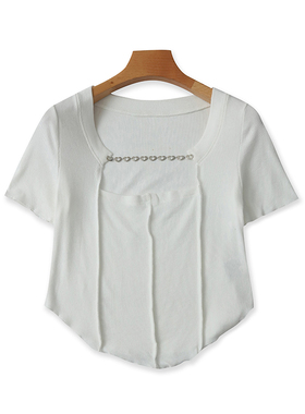 圆领针织弹力T恤衫 夏季新款短袖薄款拼接打底衫 女外贸上衣06504