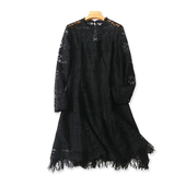 春季 裙子D 新款 圆领蕾丝露背连衣裙 长袖 微透A字收腰女中长款