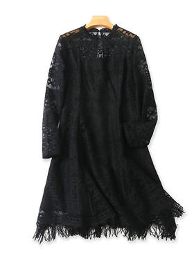 圆领蕾丝露背连衣裙 春季新款长袖微透A字收腰女中长款裙子D/14-2