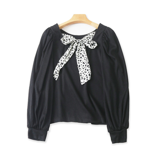 灯笼袖 圆领系带针织T恤衫 春秋新款 长袖 女套头显瘦上衣19111 打底衫