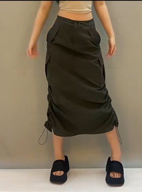 外贸工装半身裙 春夏新款抽绳时尚女显瘦开叉休闲中长款裙子10024
