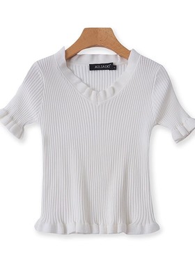 V领木耳边针织短袖T恤 夏新款弹力修身高腰短款女打底衫上衣14231