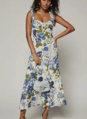 法式碎花吊带连衣裙 夏季新款显瘦时尚复古女士沙滩系带裙子08034