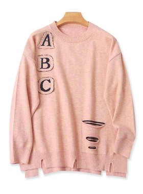 外贸圆领破洞贴布针织衫 秋冬新款时尚长袖毛衣 女宽松上衣 22312