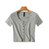 T恤衫 百搭时尚 夏季 针织圆领短袖 新款 纽扣开衫 女打底衫 上衣14084