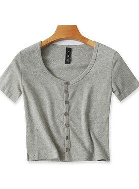 针织圆领短袖T恤衫 夏季新款纽扣开衫百搭时尚女打底衫 上衣14084