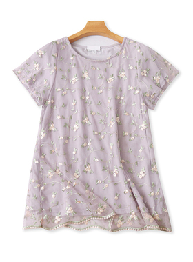 刺绣圆领T恤衫 夏季新款网纱短袖衬衫 显瘦时尚打底衫女上衣04173