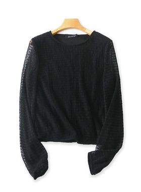 圆领网纱镂空打底衫 春秋新款薄款套头T恤衫 女纯色外贸上衣16074