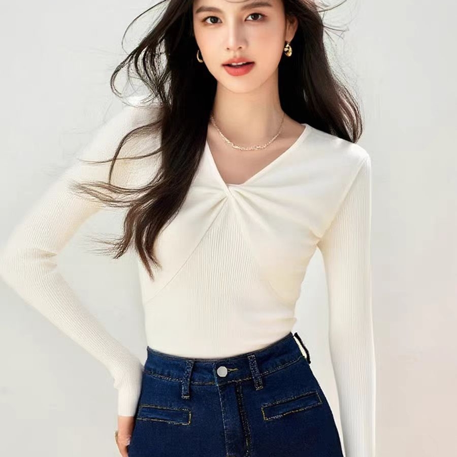 外贸V领长袖针织衫 春秋新款修身时尚软糯毛衣 女打底衫上衣14014