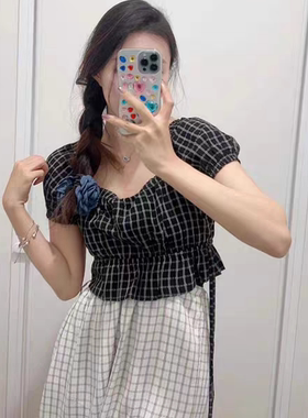 辣妹风一字肩格子小衫夏季新款短袖时尚T恤衫女打底短款上衣17314