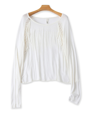 外贸莫代尔圆领流苏T恤衫 春秋新款长袖镂空打底体恤衫上衣 25072