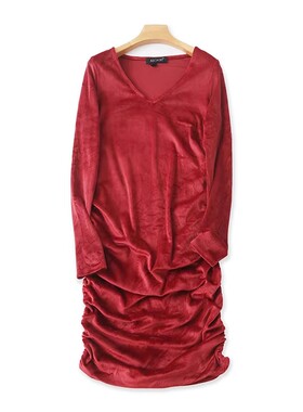 外贸V领金丝绒连衣裙 春秋长袖收褶弹力中长款裙 女包臀裙子16504