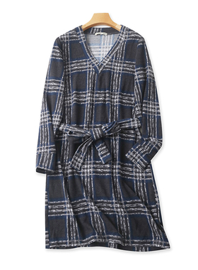 V领格子连衣裙 春秋新款长袖系带打底时尚女套头中长款裙子 21232