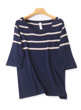 中袖针织T恤衫 春夏季新款圆领条纹薄宽松体恤衫 女百搭上衣11044