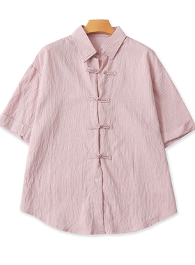 国风竖条纹短袖衬衫 夏季新款时尚盘扣女装宽松休闲衬衣上衣16483