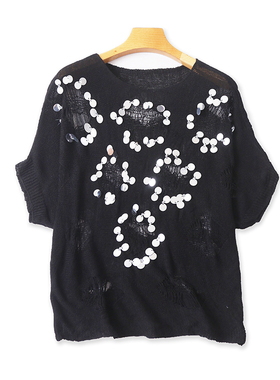 圆领亮片针织衫镂空蝙蝠衫夏季新款破洞显瘦女T恤衫休闲上衣13091