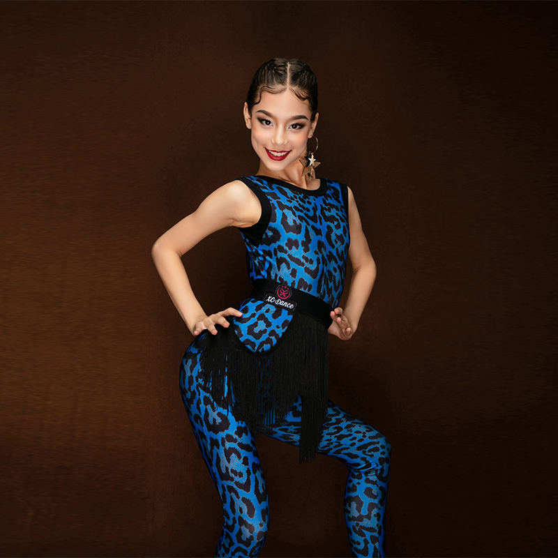 星辰舞演出服蓝色豹纹流苏裤装