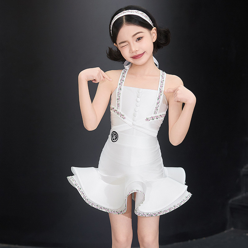 星辰儿童拉丁舞服「花漾丝缎」2026少女感小花边拉丁舞练功服