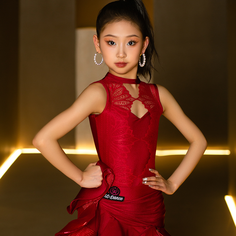 星辰舞服拉丁舞女儿童新款练习套装高档显白酒红色专业舞者表演服