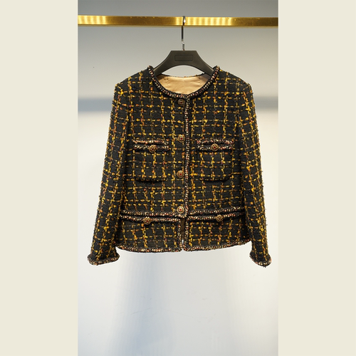 飞艇巡航轻奢定制小香风秋冬斜纹软花呢黑金女上衣长袖拼接短外套