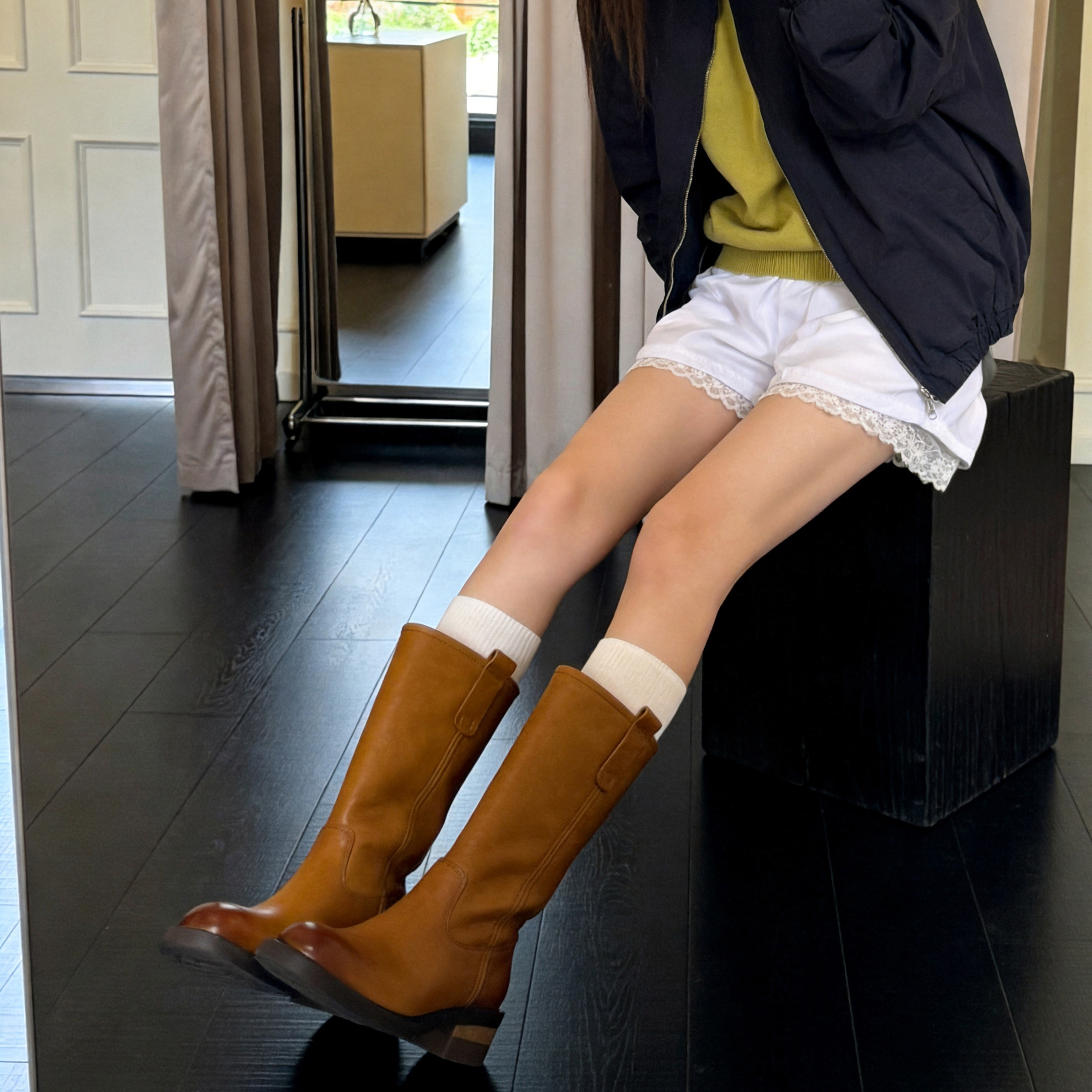 春秋冬女士粗跟高筒靴中筒骑士靴