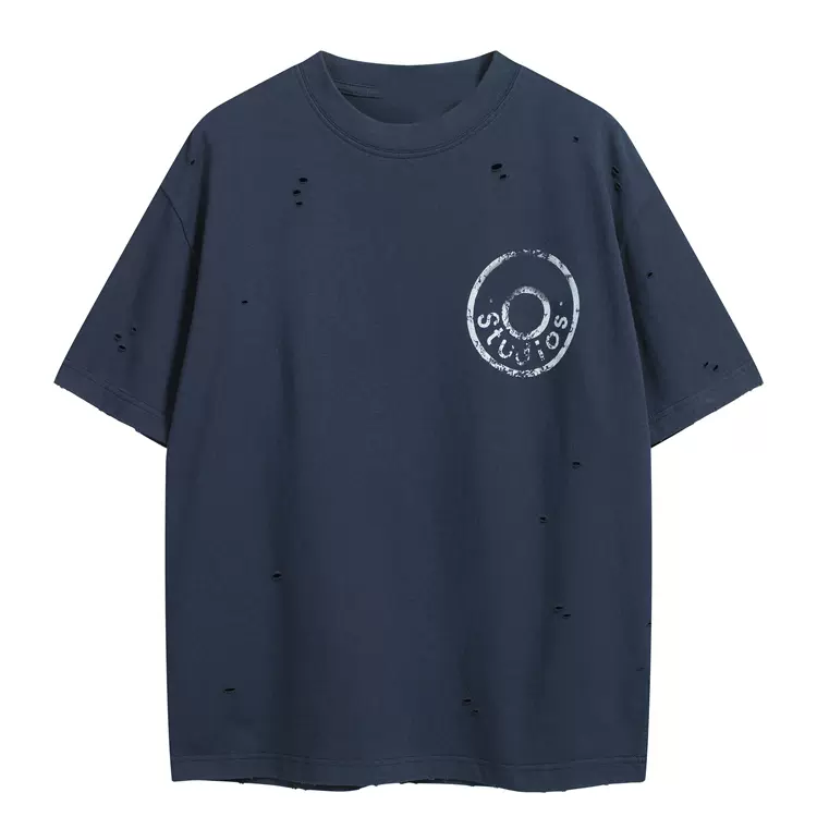 AC 破洞纽扣LOGO字母数码印短袖T恤 藏青 S-XL 8090#