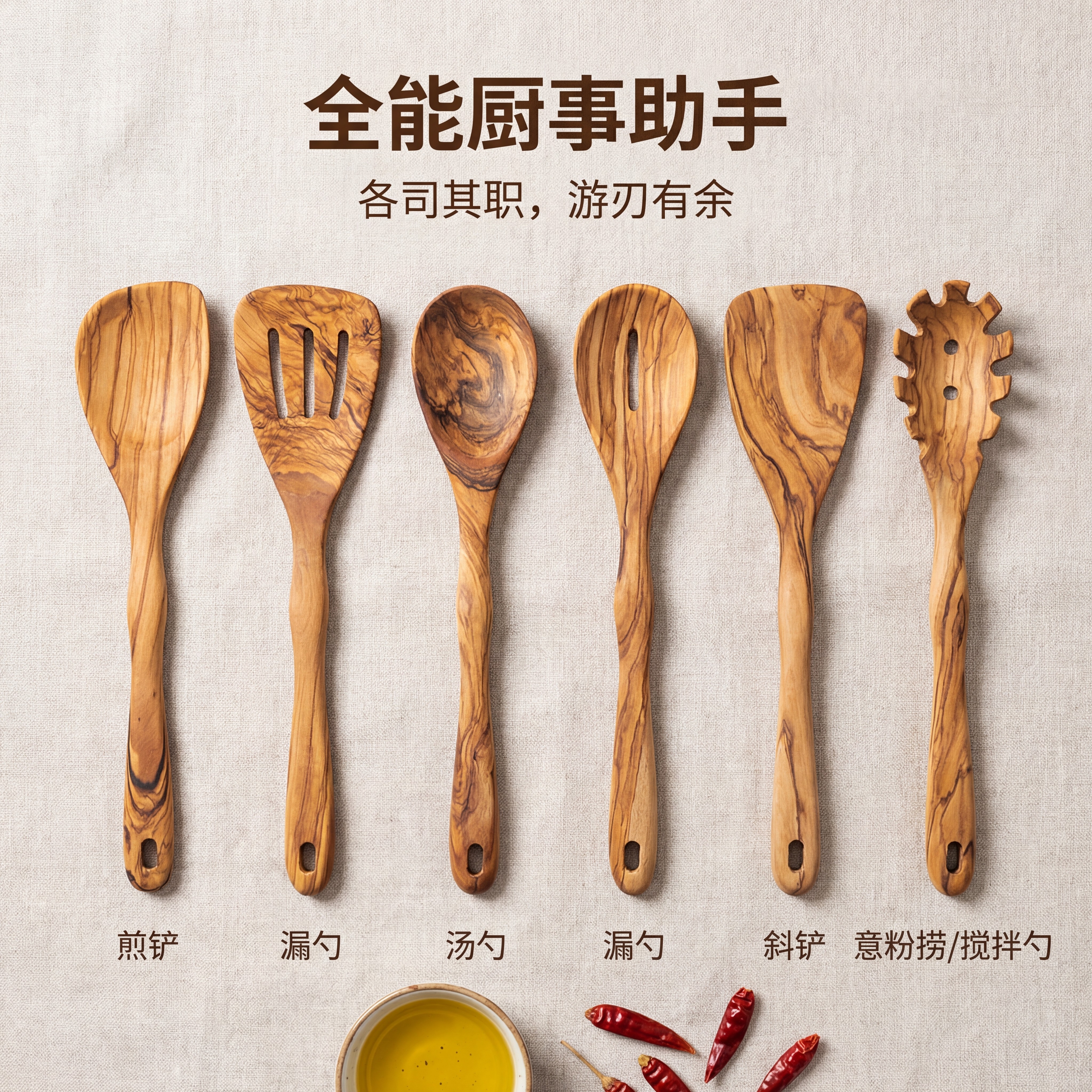 意大利橄榄木木质厨具套装不沾锅专用煎铲汤勺漏勺木制锅铲家用