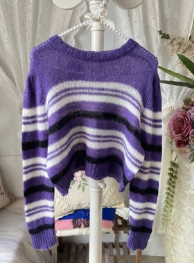 日系甜美风紫色条纹圆领软糯针织毛衣女超柔超细马海毛短款套头