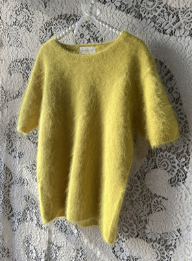 新品淡黄色圆领简单百搭网红款羊绒套头少女系甜美风短袖兔毛小码